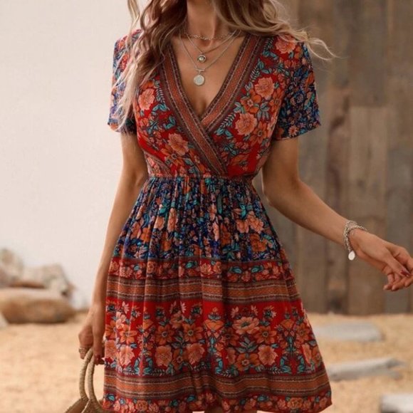 Boho Floral Multi color Surplice Neck Mini Dress - Picture 5 of 7